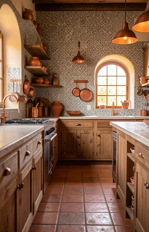 clay tile flooring, rustic wood cabinetry, copper accents