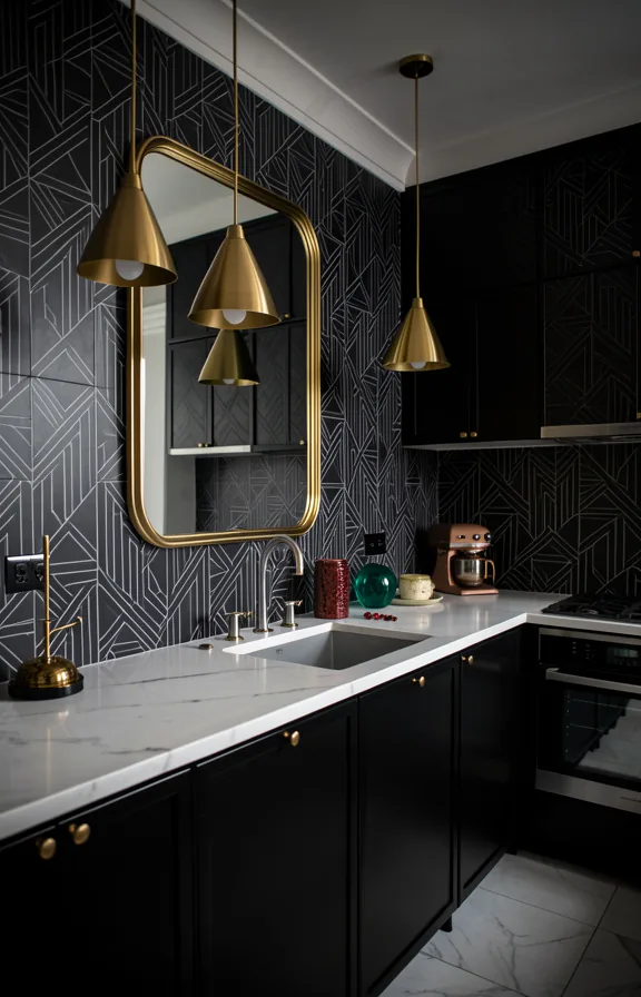 black metal-frame cabinets, white marble countertop, brass pendant lights