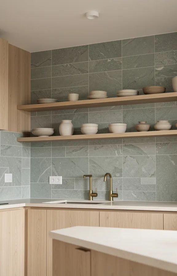 light wood cabinets, pale stone countertop, single brass faucet
