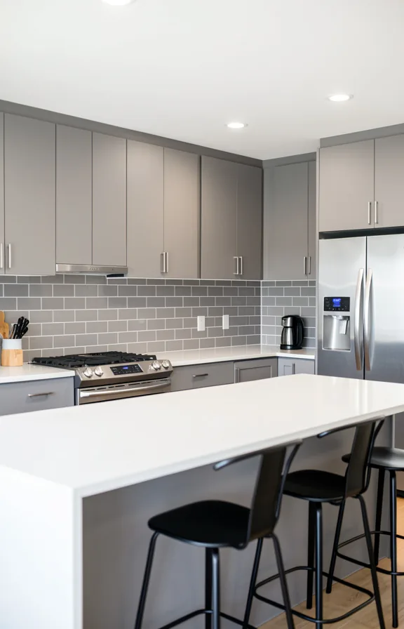 matte gray cabinets, white quartz countertop, stainless steel appliances