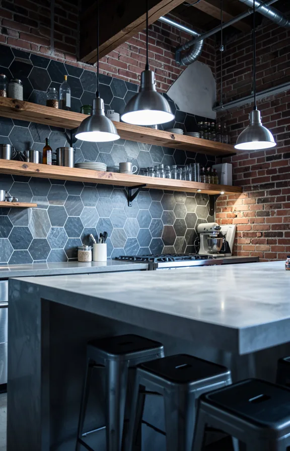 raw wood open shelving, polished concrete countertop, metal pendant lights