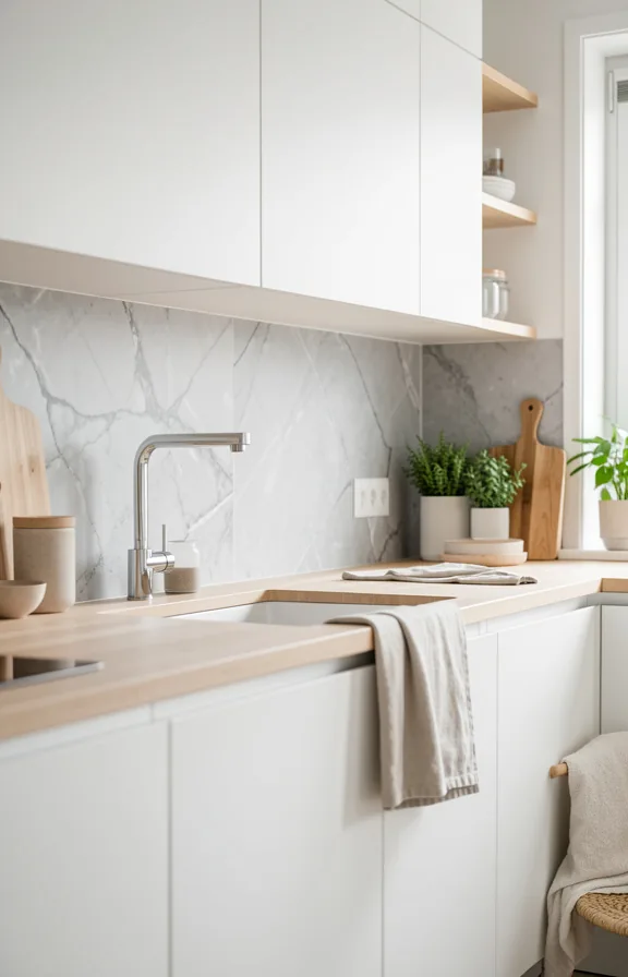 white minimalist cabinets, pale wood countertop, simple chrome faucet