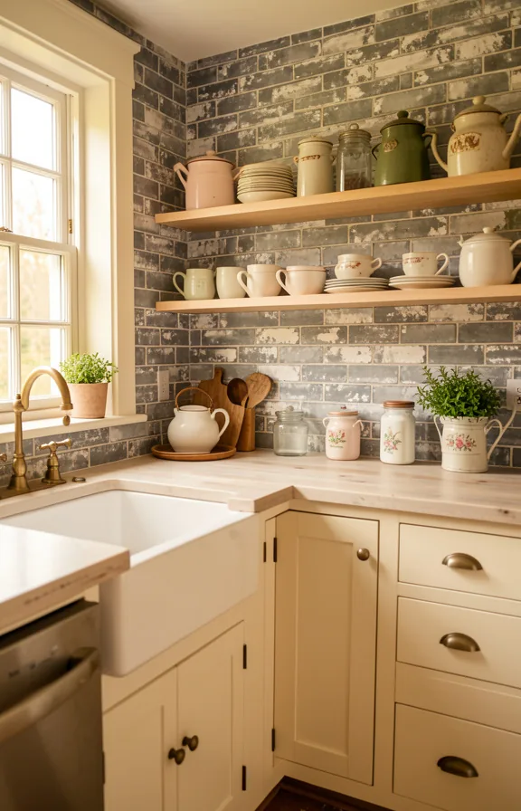 cream painted cabinets, farmhouse sink, vintage brass fixtures