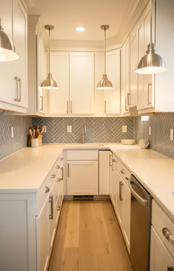warm white cabinets, cream countertop, brushed nickel hardware