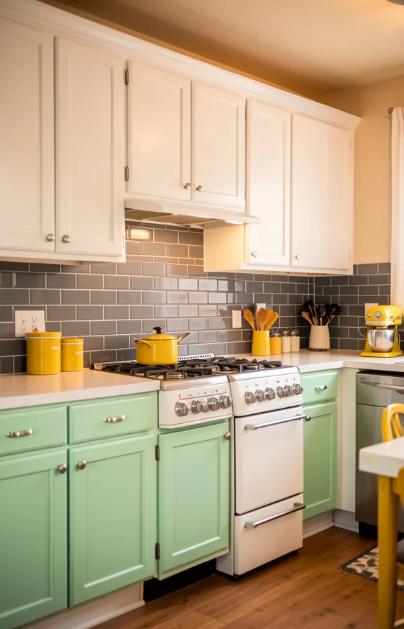 mint green lower cabinets, white upper cabinets, chrome hardware