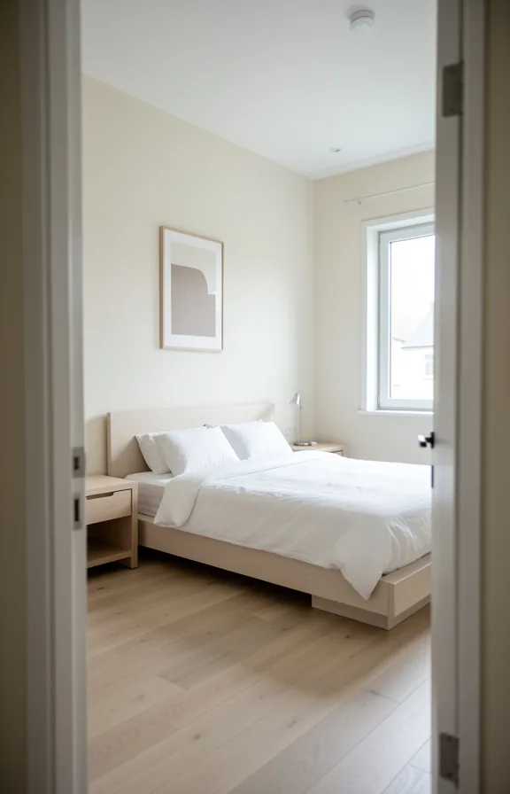pale wood flooring, simple platform bed with white linen
