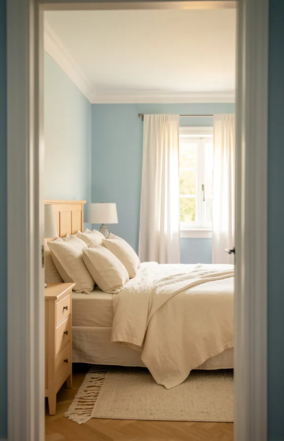 Full bedroom photographed from doorway with pale blue painted walls