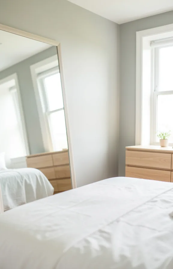 Bedroom side view showing large mirror leaning against wall creating depth illusion
