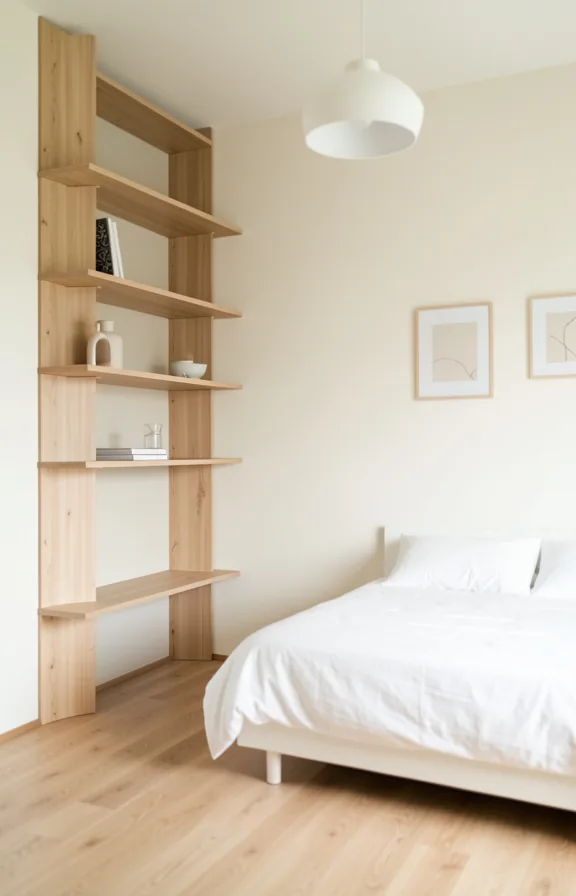 Bedroom corner angle with open wooden shelving displaying few items