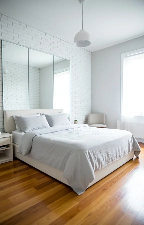 Full bedroom photographed from foot of bed displaying floor-to-ceiling mirror on accent wall