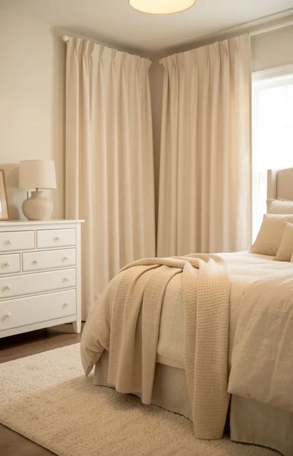 Bedroom corner view with soft monochromatic layers in cream and beige tones