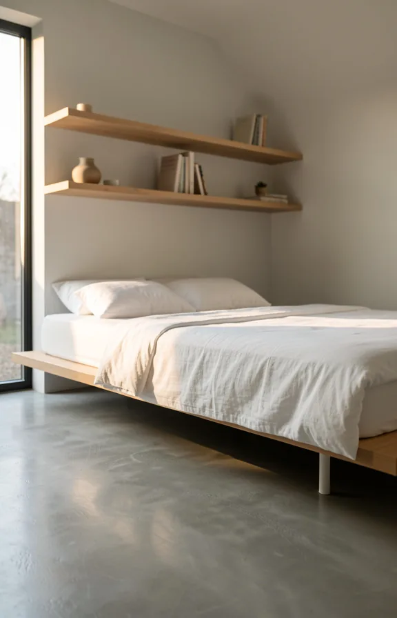 Side angle of bedroom featuring floating bed frame with no visible support