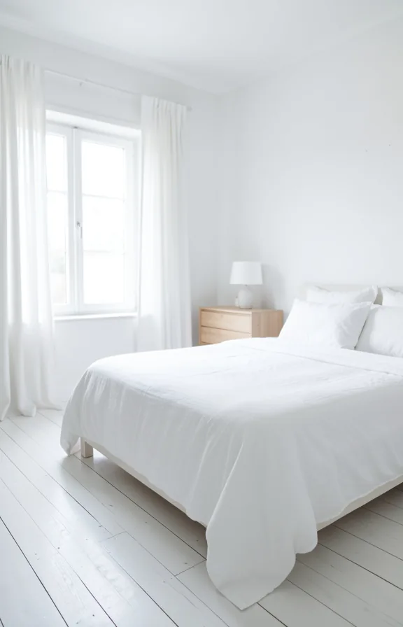 Full bedroom view with white linen bedding, white painted walls