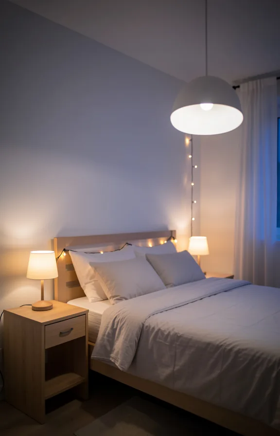 Bedroom photographed at evening with layered lighting including soft pendant light