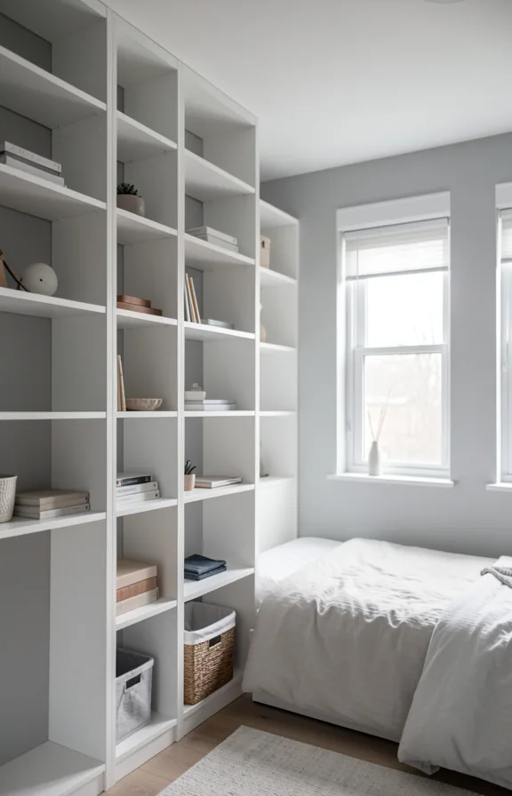 Bedroom wall view showing floor-to-ceiling shelving unit painted white