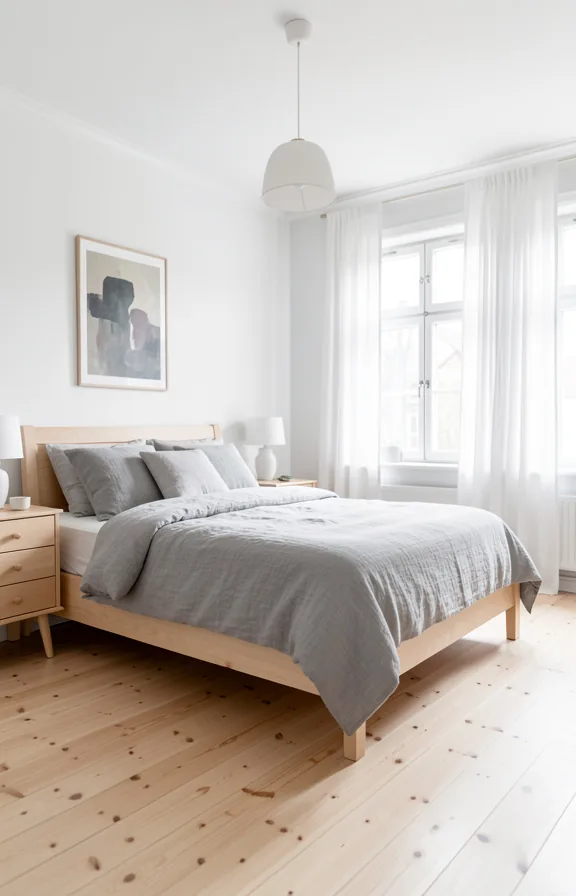 Full Scandinavian bedroom with light birch wood flooring
