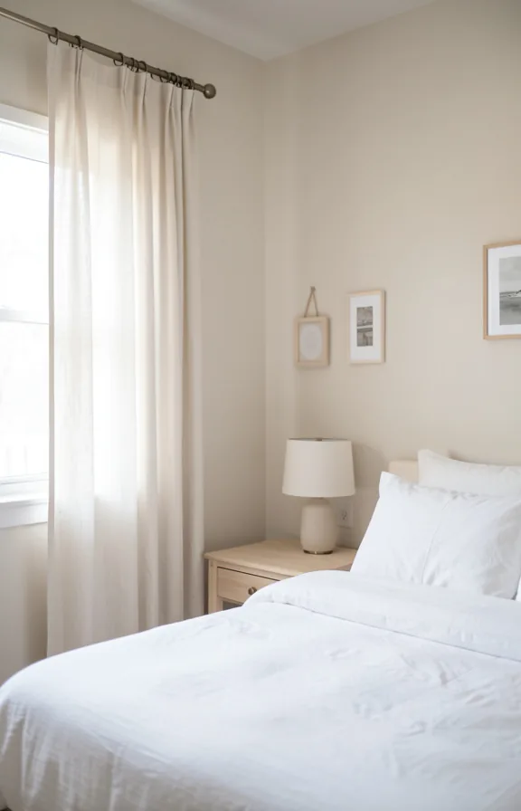 Bedroom corner angle showing bed dressed in white linens