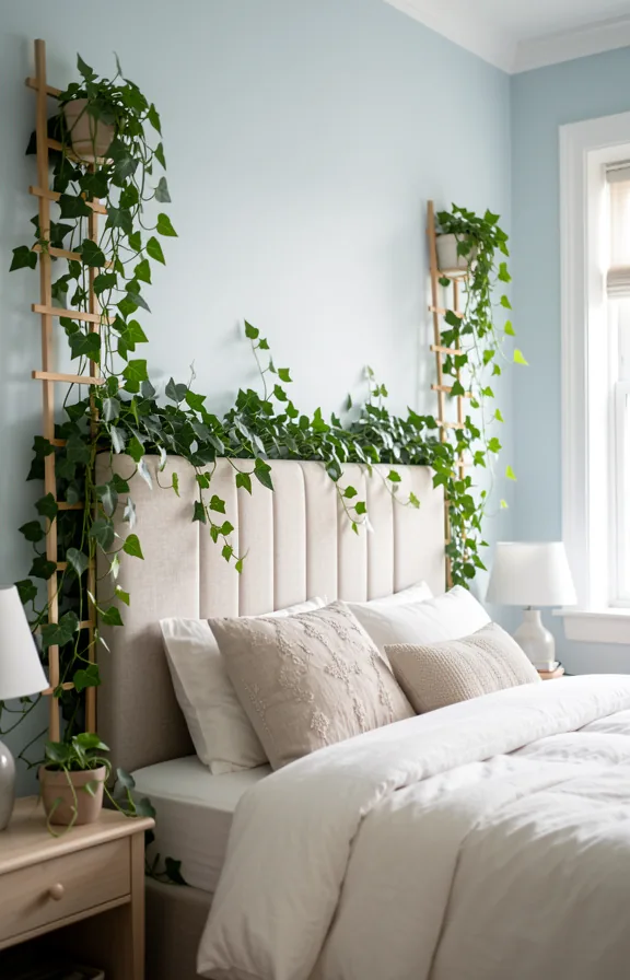 Bedroom shot showing an upholstered headboard with climbing ivy and pothos trained upward along t