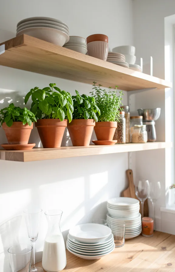 Open kitchen shelving displaying terra cotta and ceramic pots with fresh basil
