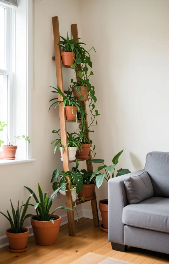 Living room corner with a tall wooden ladder leaning against pale wall holding eight potted plant