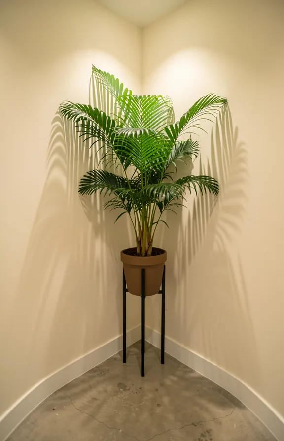 Hallway corner featuring a single tall pedestal plant stand holding a full potted Areca palm or B