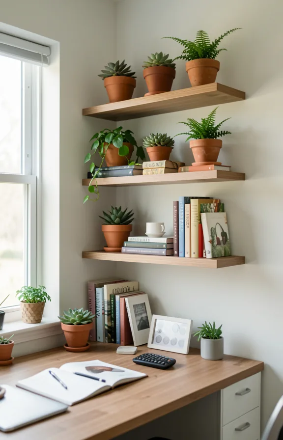 Home office nook with three floating shelves mounted at ascending heights displaying potted succu