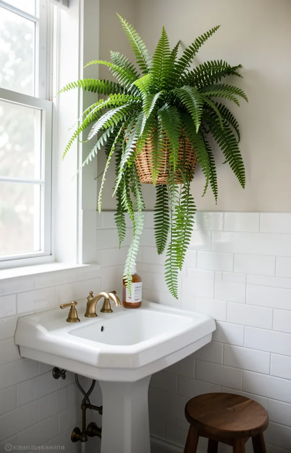 Bathroom corner with trailing Boston fern cascading from a wall-mounted woven planter above a ped