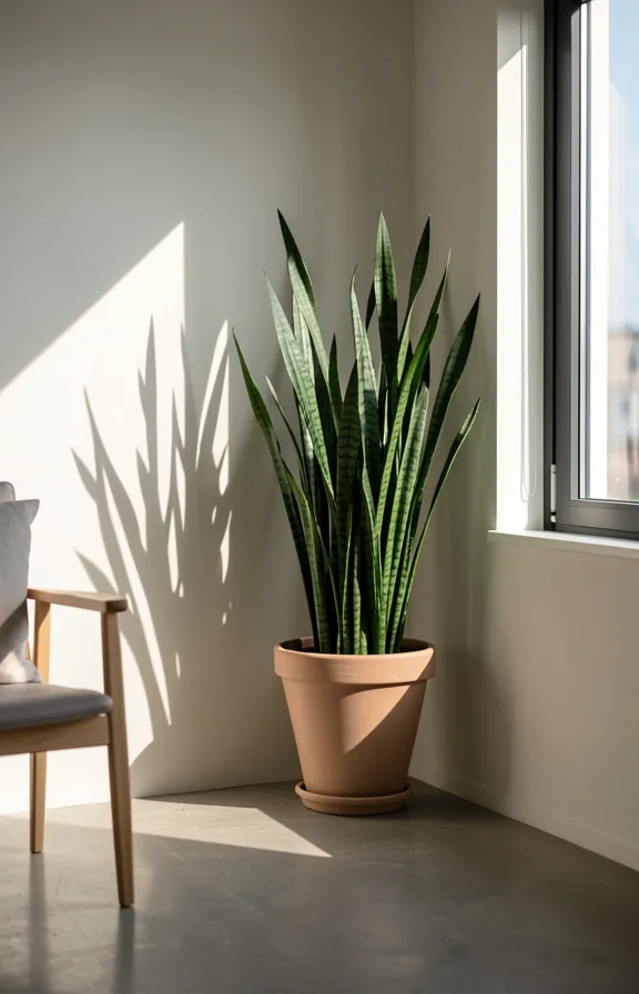 Studio apartment corner with a tall potted Snake Plant positioned beside a window