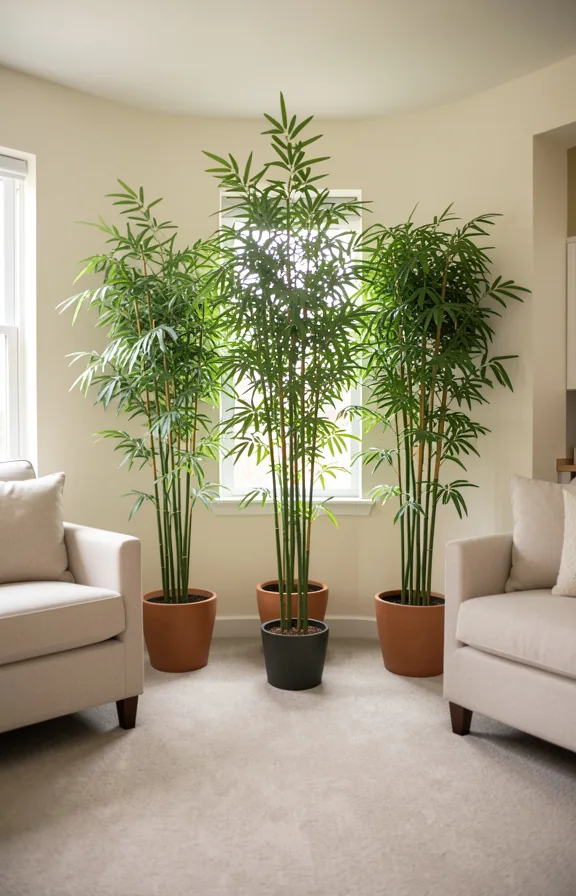 Compact living room with three tall potted bamboo plants arranged in a row creating a natural roo
