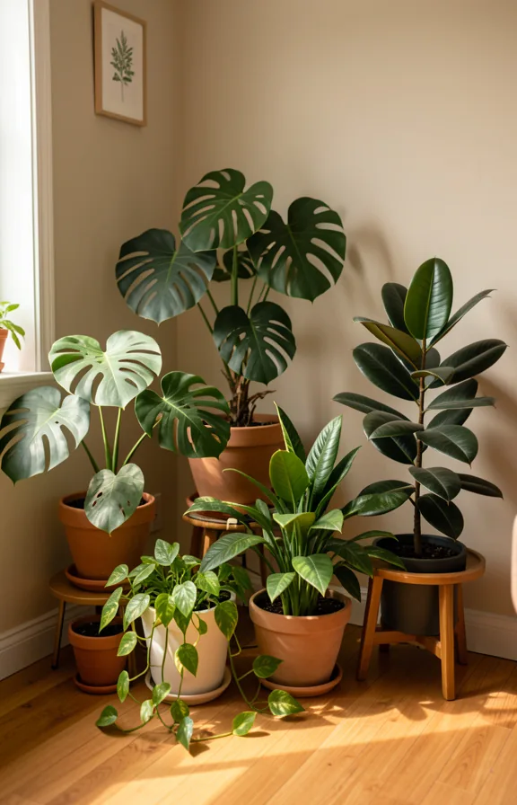 Living room corner densely grouped with five potted plants of varying heights and types including