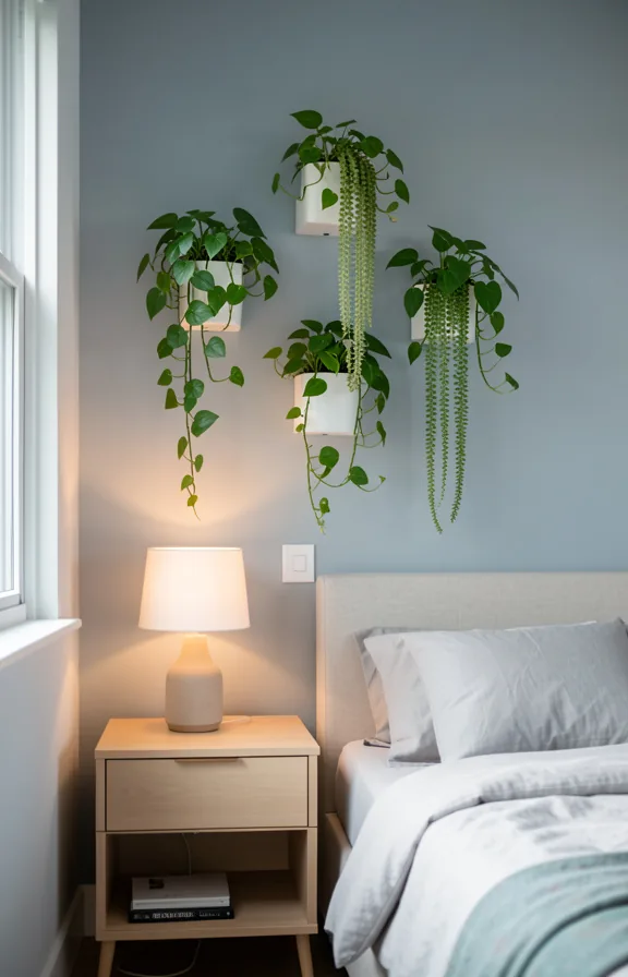 Bedroom wall above a minimalist nightstand featuring three staggered wall-mounted planters with trailing pothos and snake plants