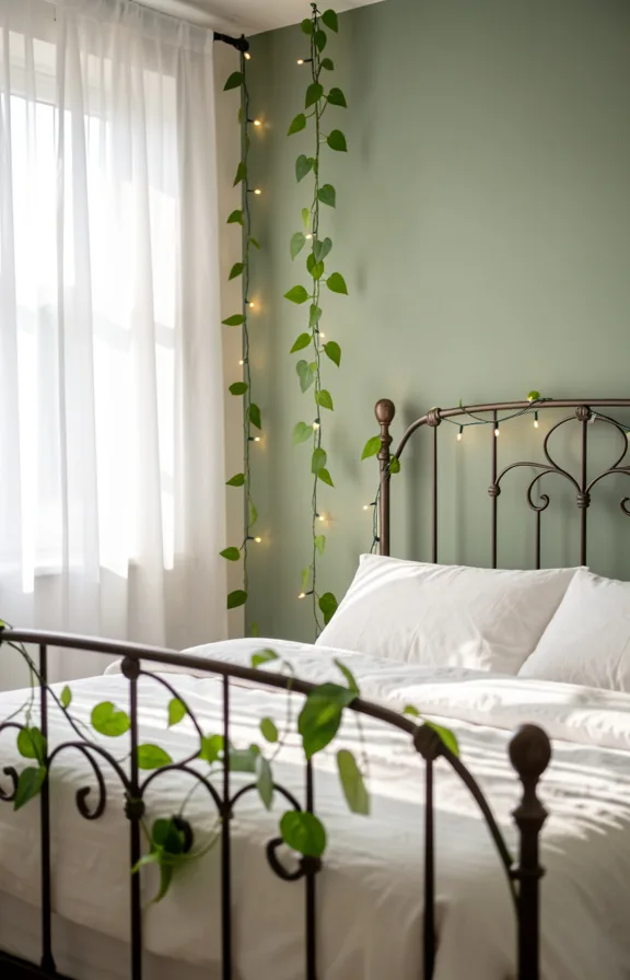 Bedroom interior shot showing a wrought iron bed frame draped with flowing pothos vines climbing