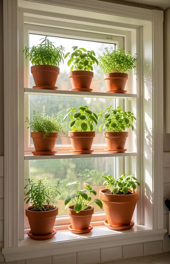 Kitchen window frame completely filled with six small potted herbs and vegetables arranged on tie