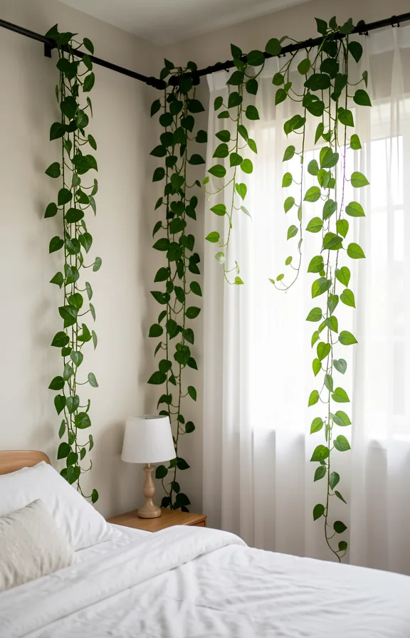 Bedroom corner with long curtain rod strung with trailing pothos vines creating a living plant cu