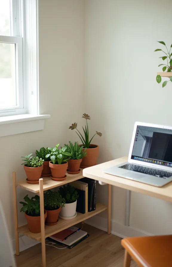Compact home office corner with a low wooden shelf holding six small potted plants next to a lapt