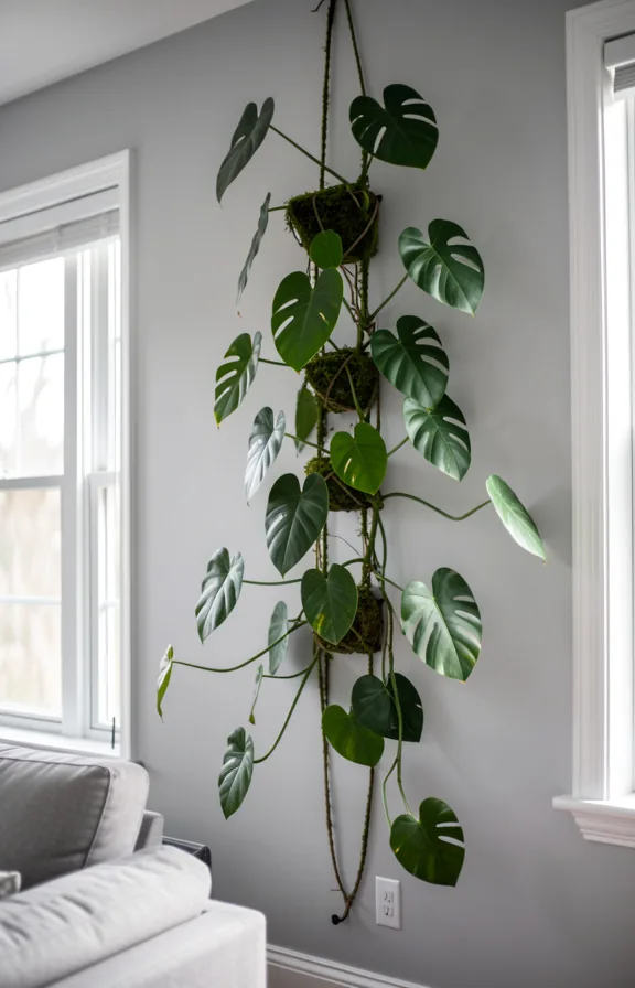 Living room wall with a mature Philodendron plant climbing upward along a thin moss pole or trellis