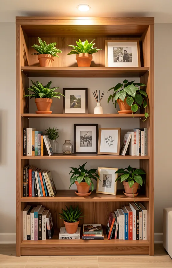 Compact living room bookcase styled with potted plants interspersed throughout shelves between books