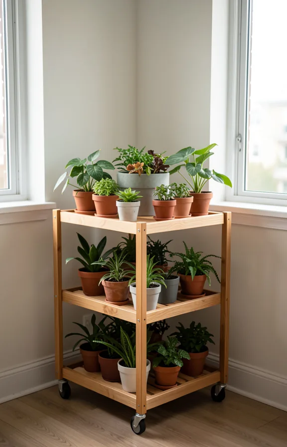 Studio apartment corner featuring a wooden rolling cart on wheels holding ten small potted plants