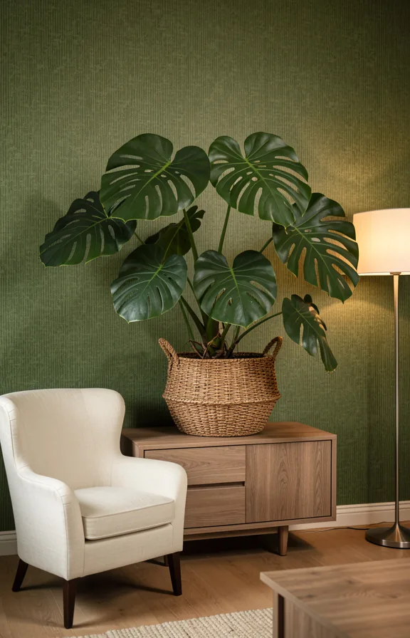 Full living room wall dominated by a large Monstera plant in a woven basket