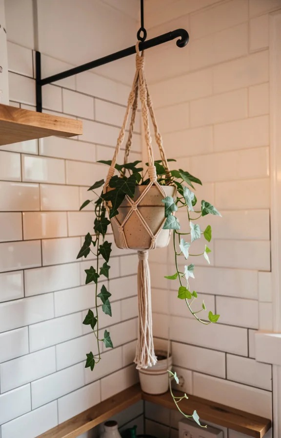Compact kitchen corner featuring a macramé plant hanger suspended from a black iron rod holding t