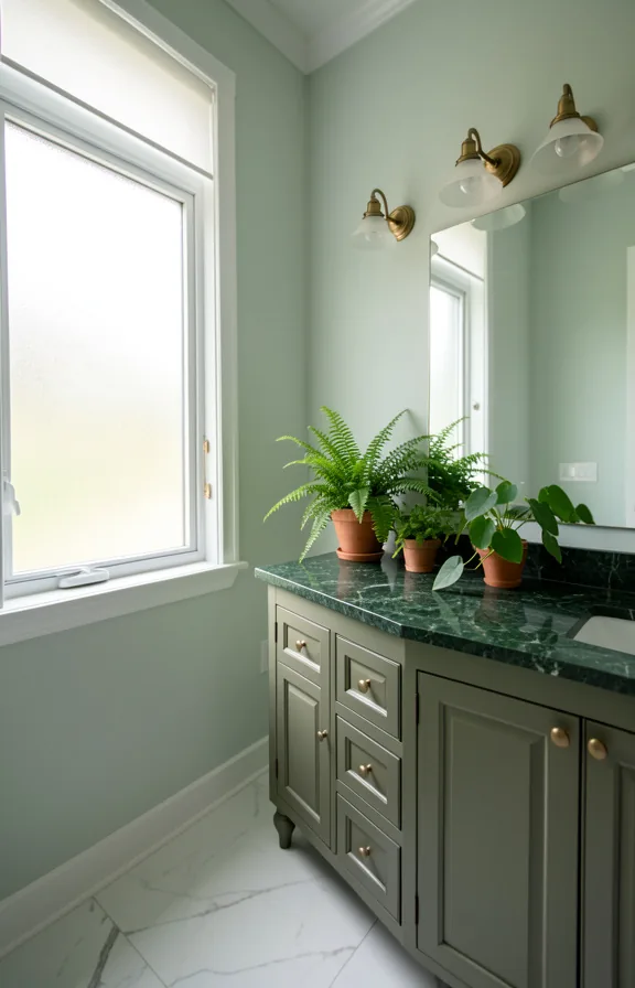 Bathroom interior with a dark green marble vanity topped with small potted ferns and philodendron