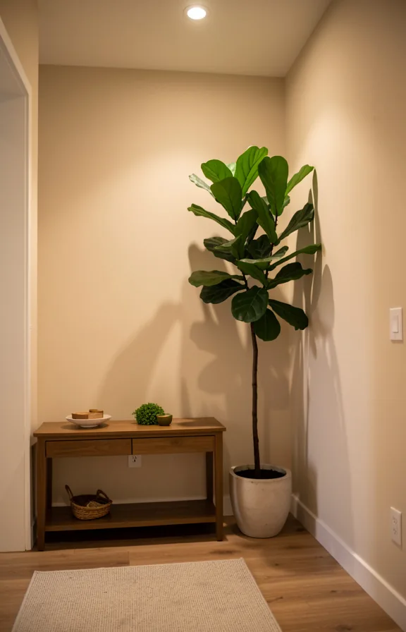 Apartment entryway with a tall Fiddle Leaf Fig tree positioned beside a console table against a s