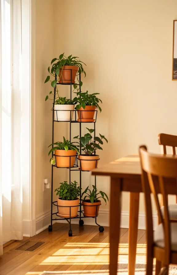 Dining nook with a tiered black metal plant stand holding six small potted plants of varying heig
