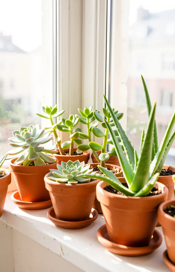 Bright windowsill in a small apartment packed tightly with ceramic and terra cotta pots containin