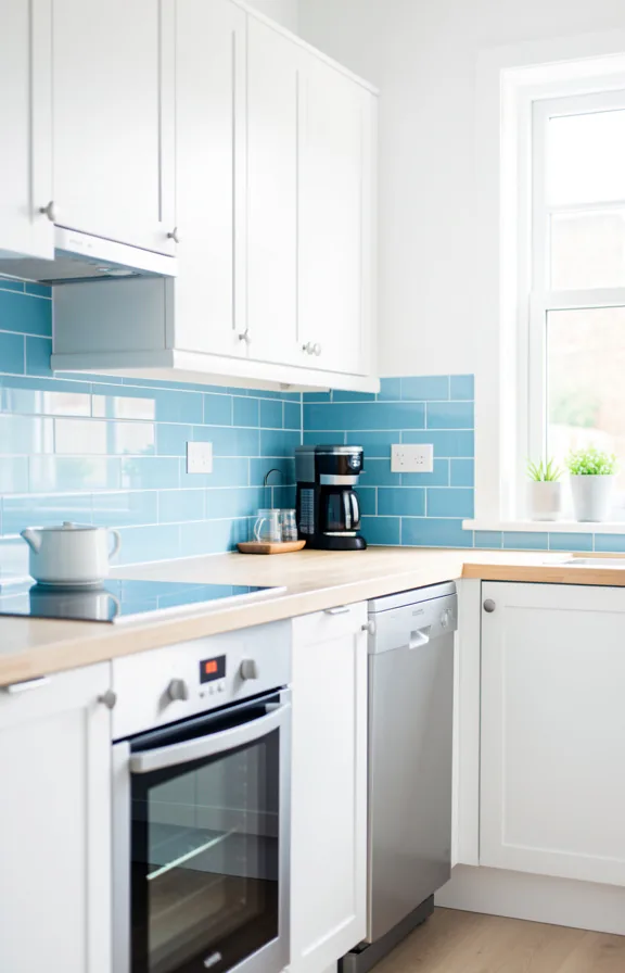 cool blue glass effect peel and stick tiles covering backsplash