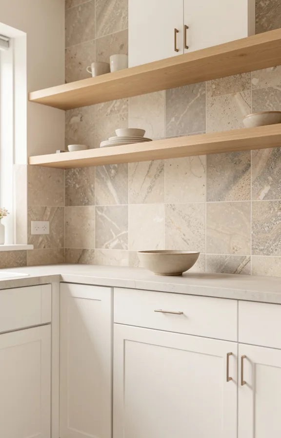 beige and gray natural stone texture peel and stick tiles as backsplash