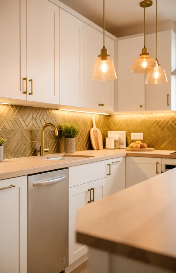 warm brass geometric peel and stick tiles on backsplash