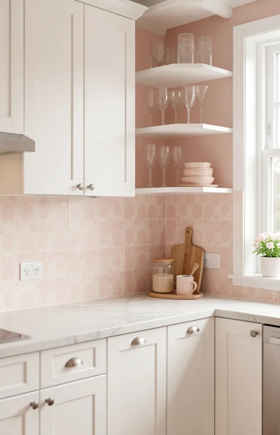 blush pink and cream peel and stick tiles in subtle pattern on backsplash
