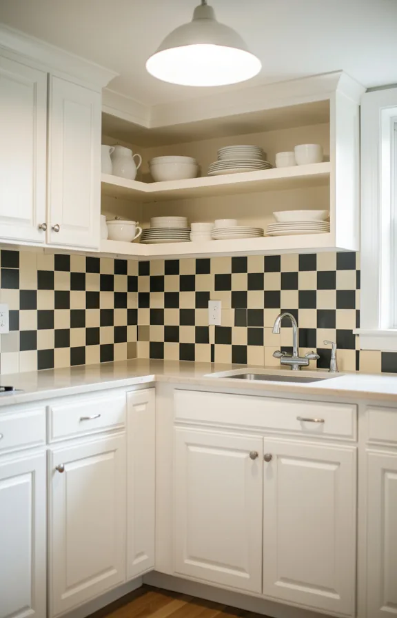cream and charcoal checkerboard peel and stick tiles on backsplash