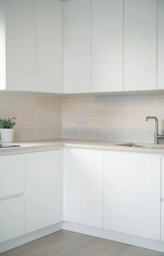 soft neutral gradient peel and stick tiles flowing from light cream to pale gray on backsplash